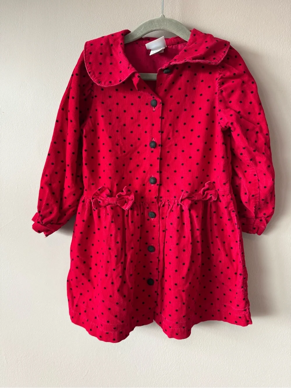 Vintage Osh Kosh B’Gosh‎ Red Corduroy Black Polka Dot Bow Dress Paper Tag Size 4